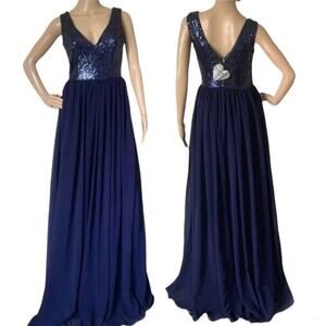 Goddiva Navy Sequin & Chiffon Formal Maxi Elegant Dress V Neck Evening Gown Sz4